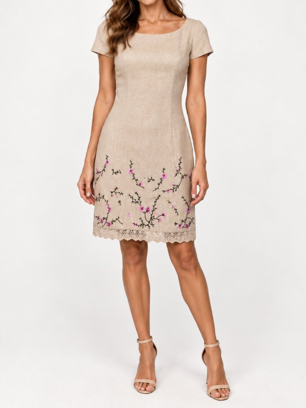 Liz Claiborne 100% Linen Embroidered Floral Lace Shift Dress 6